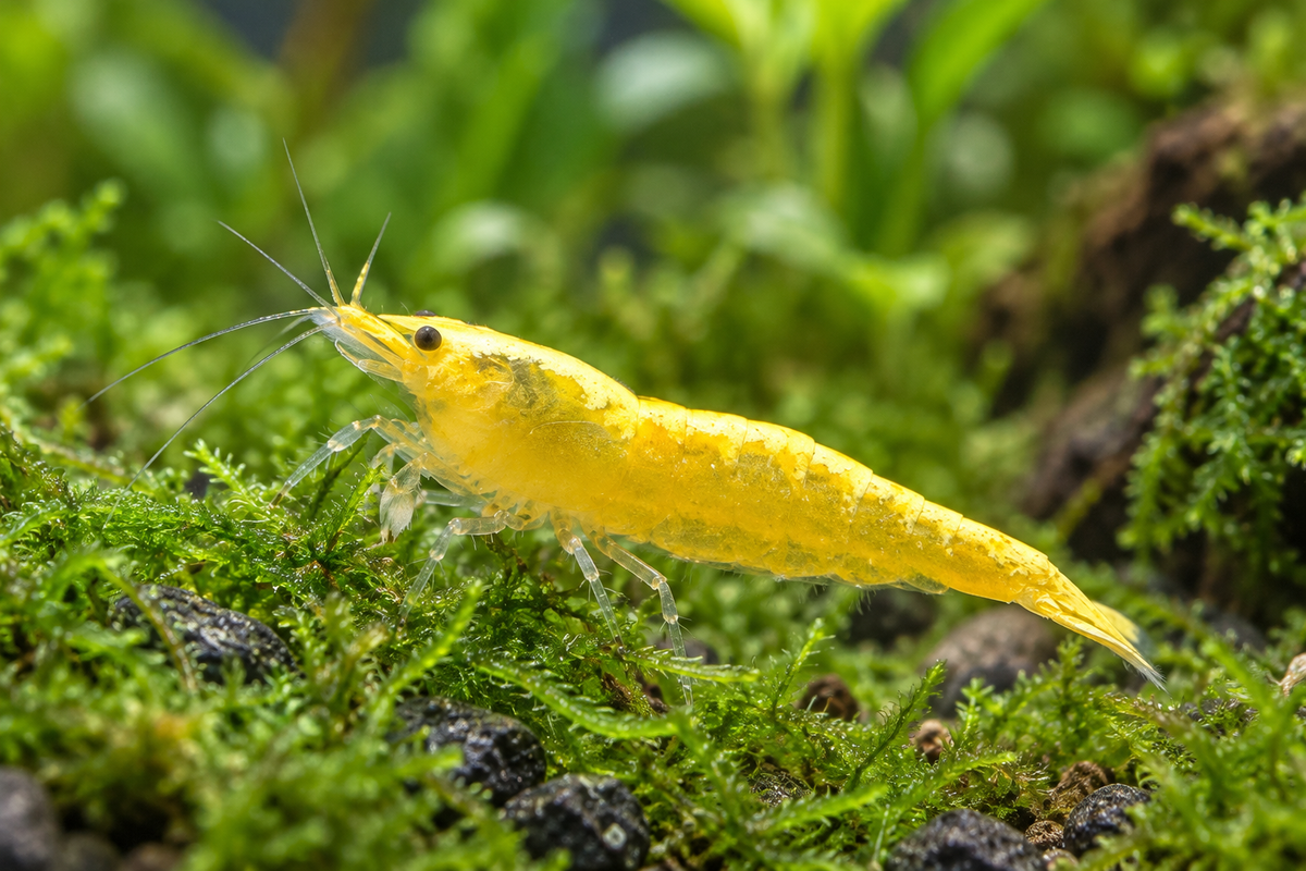 Illustrative Yellow RazorBack Neocaridina davidi shrimp with yellow body and pale golden dorsal stripe